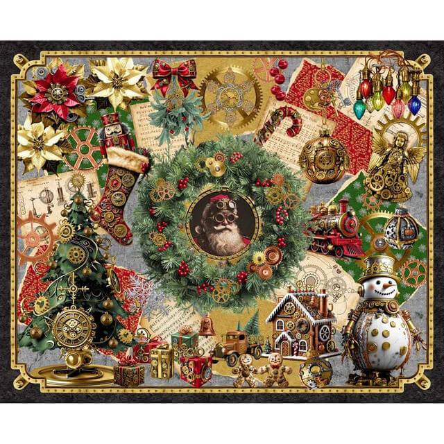 Blank Quilting Fabrics Gears and Garland Urban Essence Designs Steampunk Christmas Panel Red